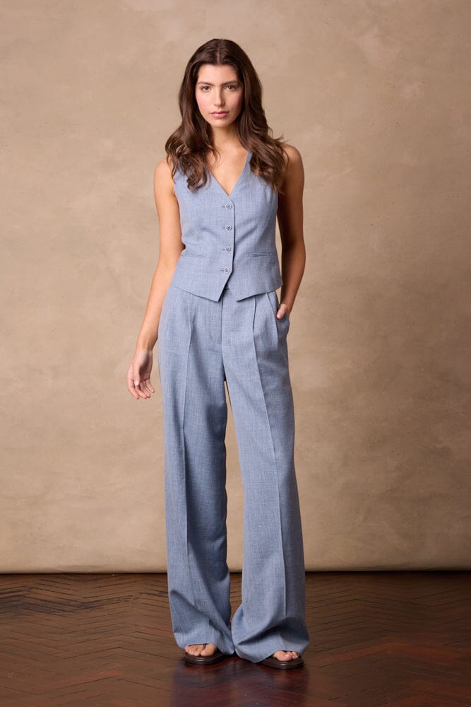 Emma Pant (Pleated) - Lt Blue Wool Silk Blend