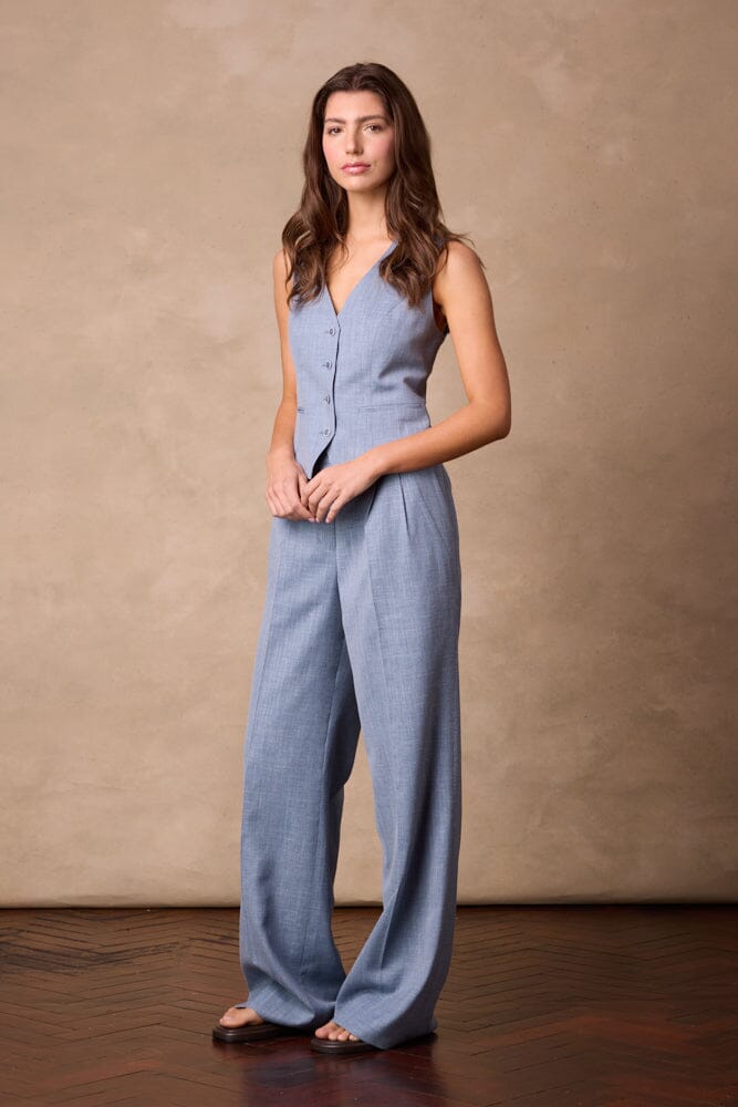 Emma Pant (Pleated) - Lt Blue Wool Silk Blend