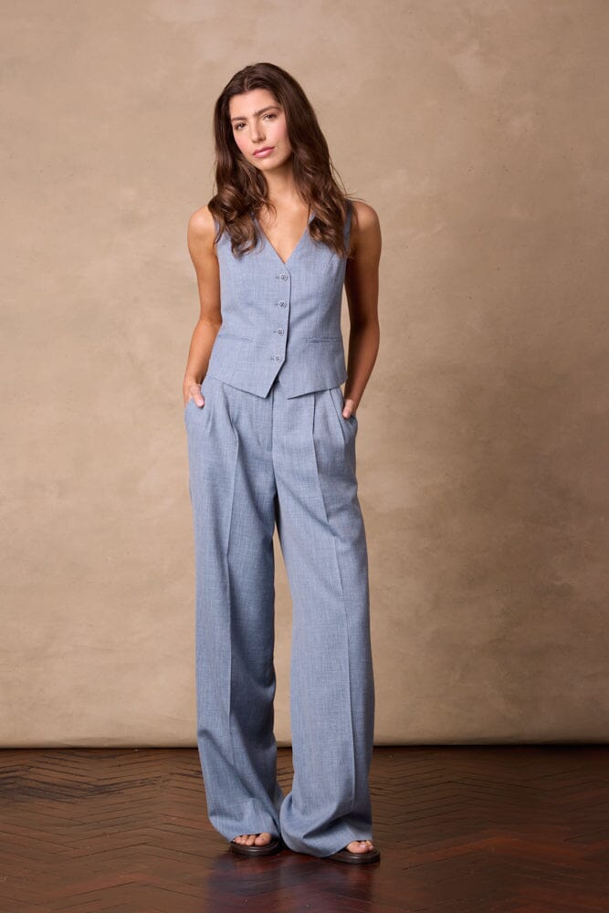 Emma Pant (Pleated) - Lt Blue Wool Silk Blend