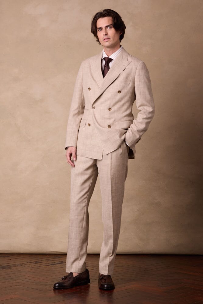 Alec DB / Como Suit - Wheat Check Wool Silk Linen