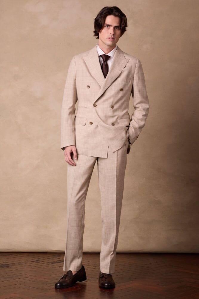 Alec DB / Como Suit - Wheat Check Wool Silk Linen
