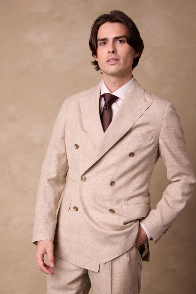 Alec DB / Como Suit - Wheat Check Wool Silk Linen