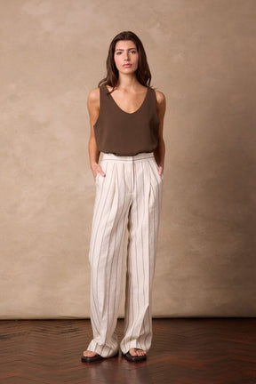 Emma Pant (Pleated) - Neutral Wide Stripe Linen