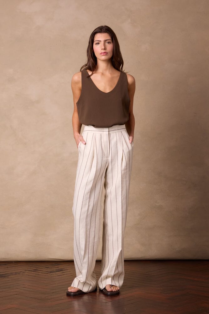 Emma Pant (Pleated) - Neutral Wide Stripe Linen