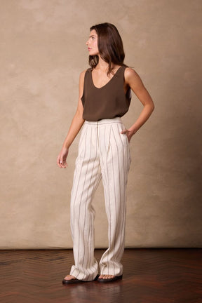 Emma Pant (Pleated) - Neutral Wide Stripe Linen