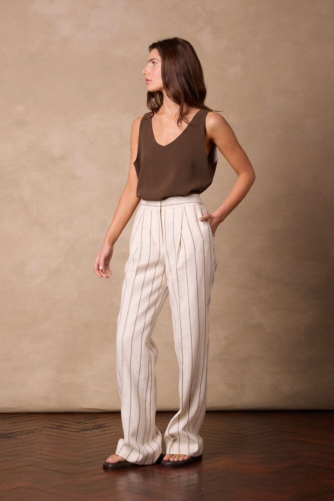 Emma Pant (Pleated) - Neutral Wide Stripe Linen