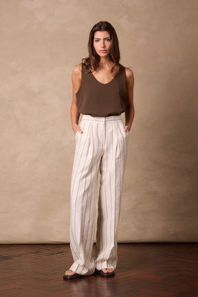 Emma Pant (Pleated) - Neutral Wide Stripe Linen