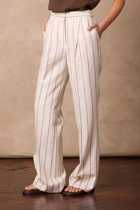Emma Pant (Pleated) - Neutral Wide Stripe Linen