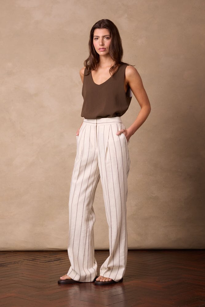 Emma Pant (Pleated) - Neutral Wide Stripe Linen