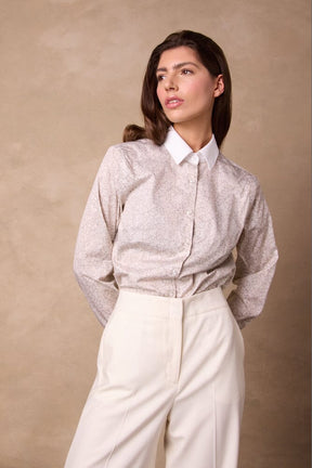 Victoria Shirt (White Contrast) - Neutral Floral Pinstripe