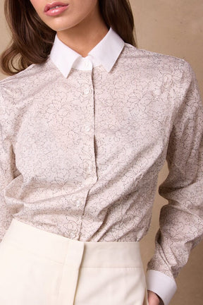 Victoria Shirt (White Contrast) - Neutral Floral Pinstripe