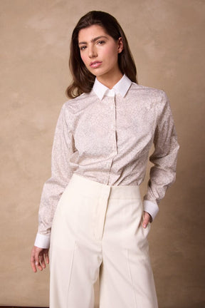 Victoria Shirt (White Contrast) - Neutral Floral Pinstripe