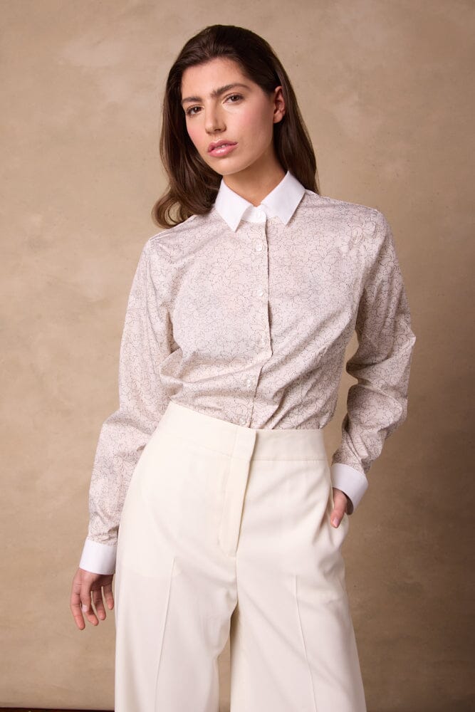 Victoria Shirt (White Contrast) - Neutral Floral Pinstripe