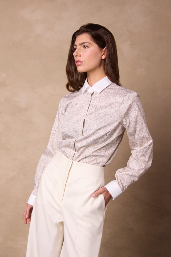 Victoria Shirt (White Contrast) - Neutral Floral Pinstripe