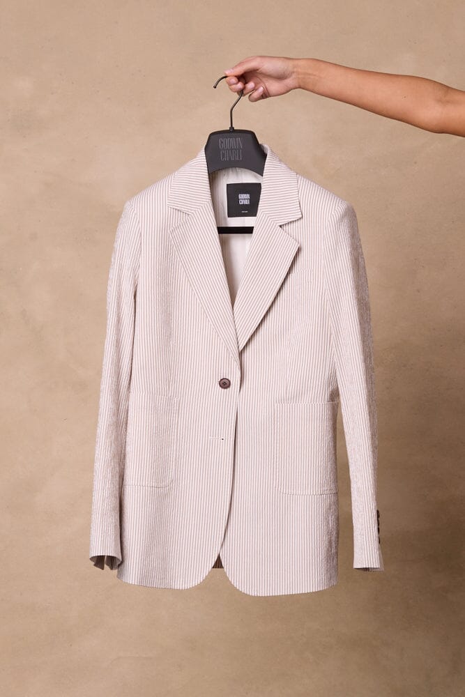 The Charli (BF) Jacket - Brown Pinstripe Seersucker