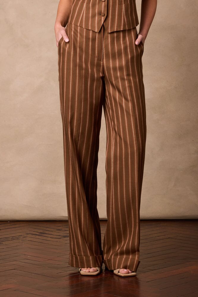 Emma Pant (Cuffed) - Rust & Gold Wide Stripe Wool