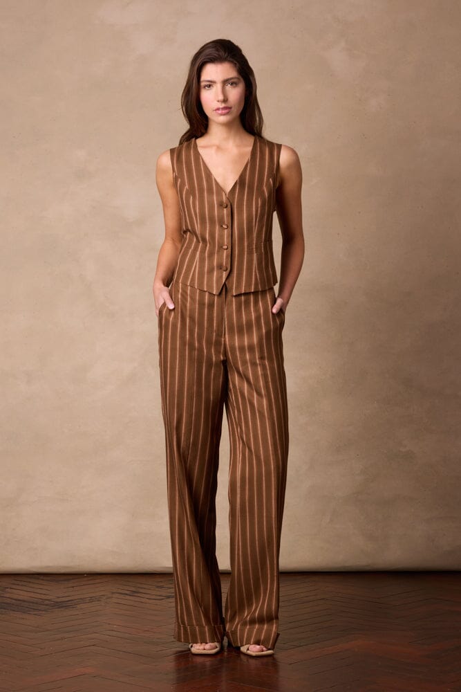 Emma Pant (Cuffed) - Rust & Gold Wide Stripe Wool