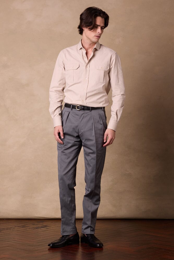 Como Pleated Trouser - Grey Cotton Stretch Twill