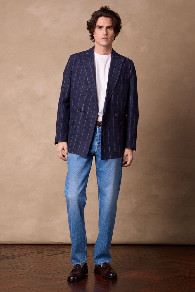Austin DB Jacket - Blue with Brown Stripe Linen Wool