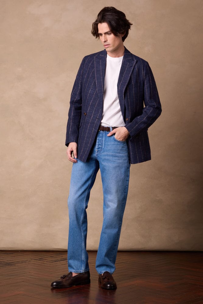 Austin DB Jacket - Blue with Brown Stripe Linen Wool