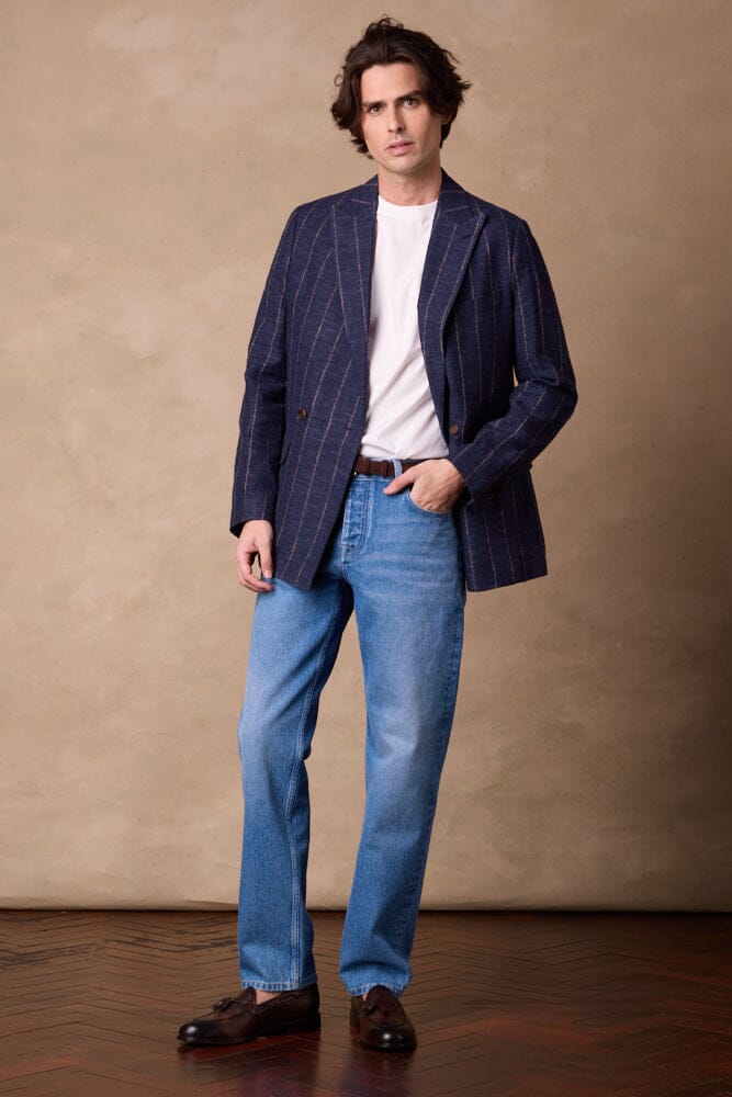 Austin DB Jacket - Blue with Brown Stripe Linen Wool