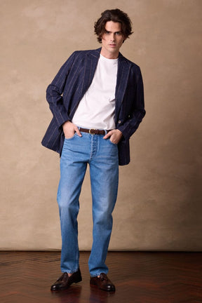 Austin DB Jacket - Blue with Brown Stripe Linen Wool