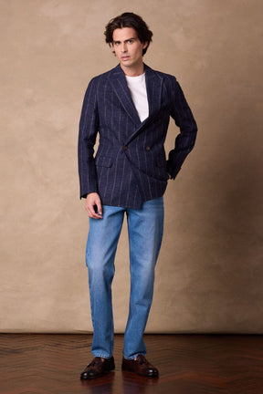 Austin DB Jacket - Blue with Brown Stripe Linen Wool