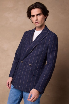 Austin DB Jacket - Blue with Brown Stripe Linen Wool