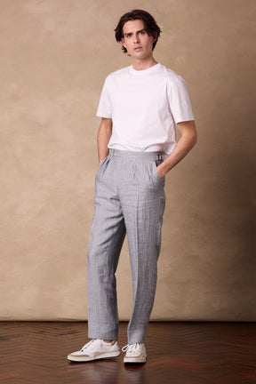 Como Pleated Trouser - Blue Grey Twill with White Pin Linen