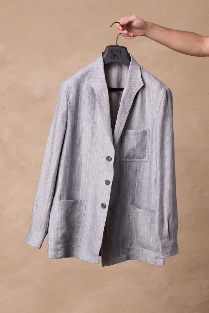 Teba Jacket - Blue-Grey White Stripe Linen