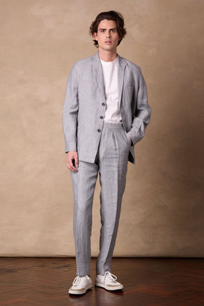 Como Pleated Trouser - Blue Grey Twill with White Pin Linen