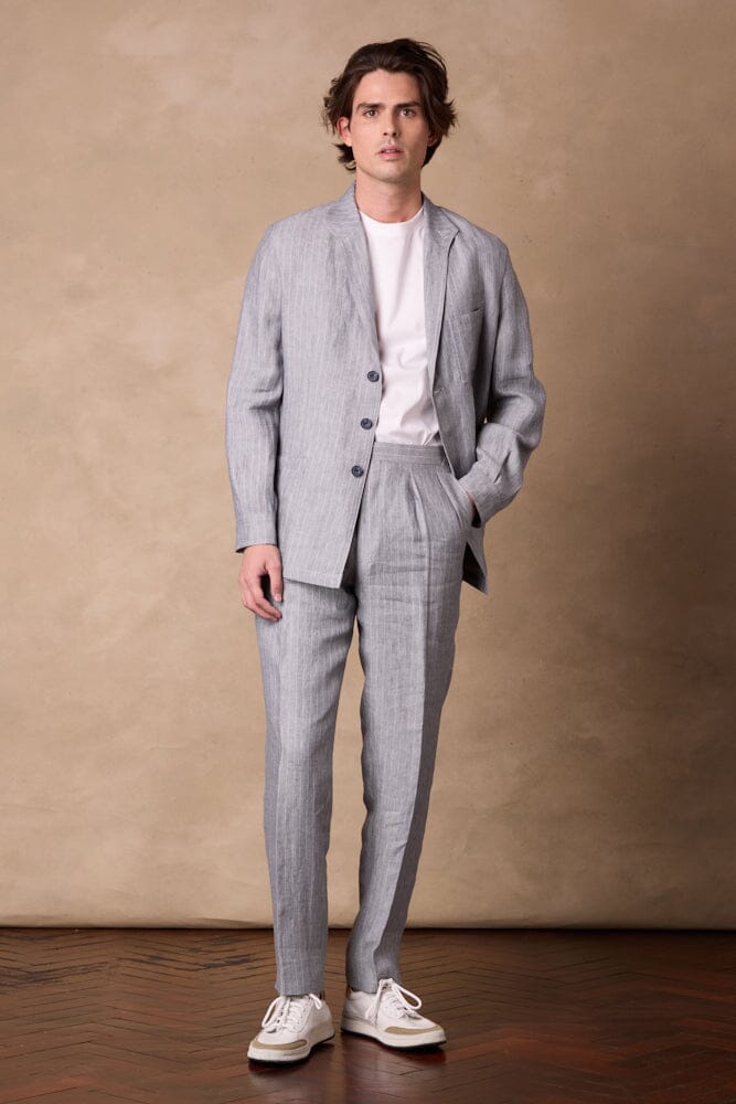 Teba Jacket - Blue-Grey White Stripe Linen