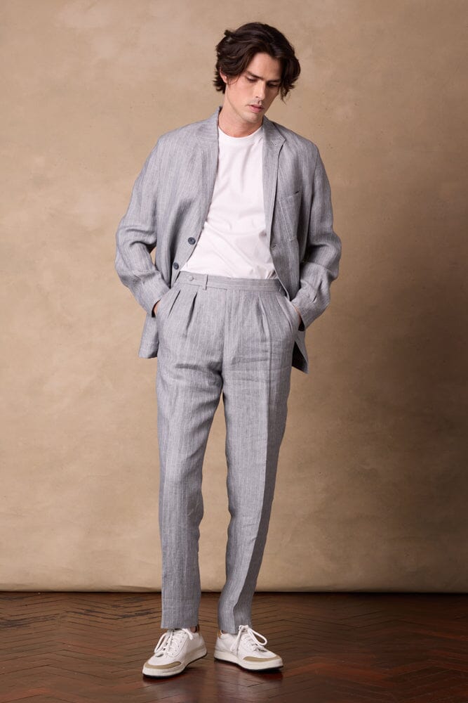 Teba Jacket - Blue-Grey White Stripe Linen