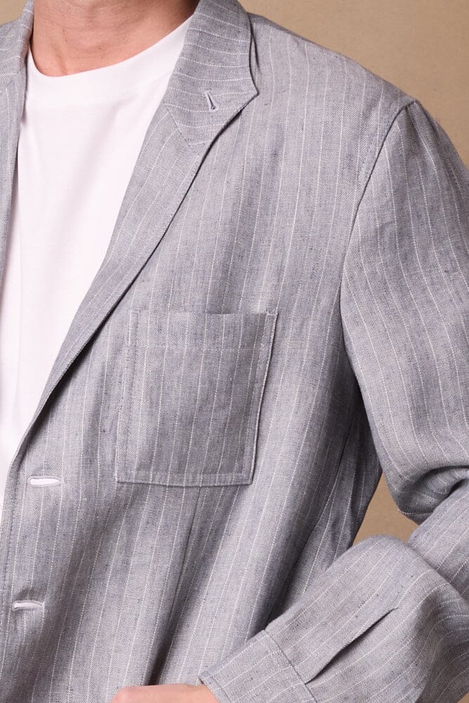 Teba Jacket - Blue-Grey White Stripe Linen