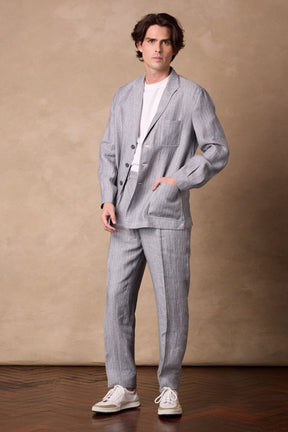 Teba Jacket - Blue-Grey White Stripe Linen