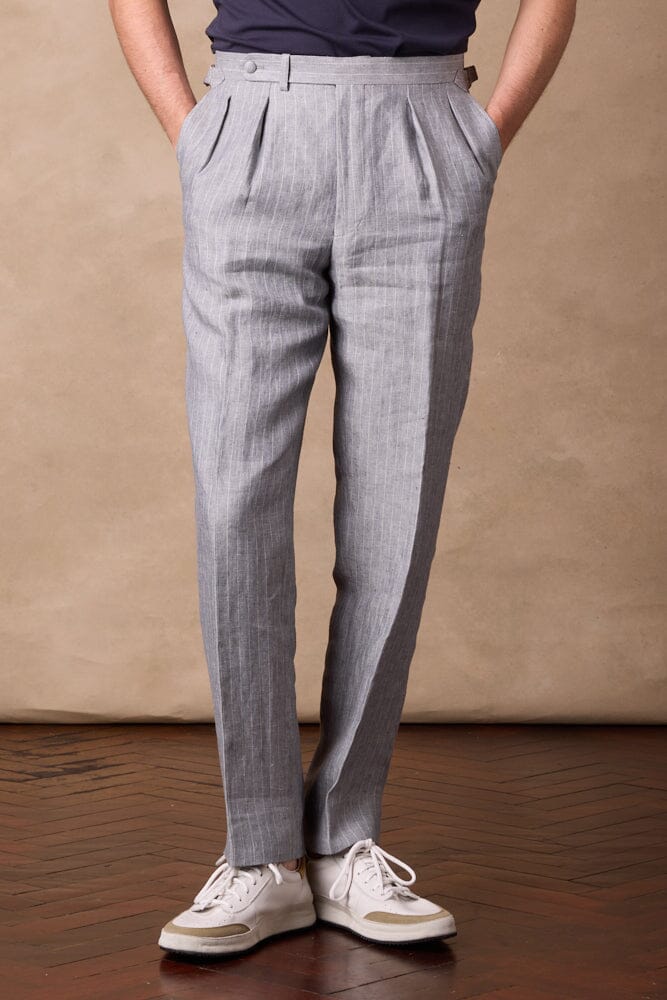 Como Pleated Trouser - Blue Grey Twill with White Pin Linen