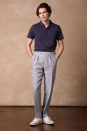 Como Pleated Trouser - Blue Grey Twill with White Pin Linen