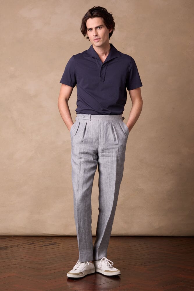 Como Pleated Trouser - Blue Grey Twill with White Pin Linen