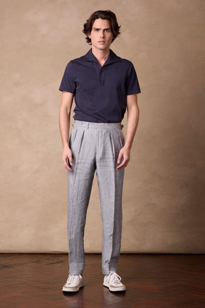 Como Pleated Trouser - Blue Grey Twill with White Pin Linen