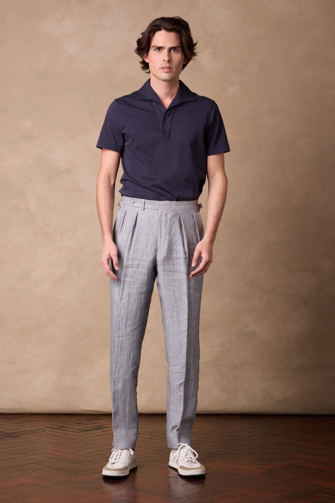Como Pleated Trouser - Blue Grey Twill with White Pin Linen
