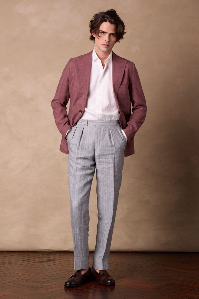 Como Pleated Trouser - Blue Grey Twill with White Pin Linen