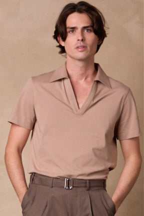 Deep V Polo Top - Camel