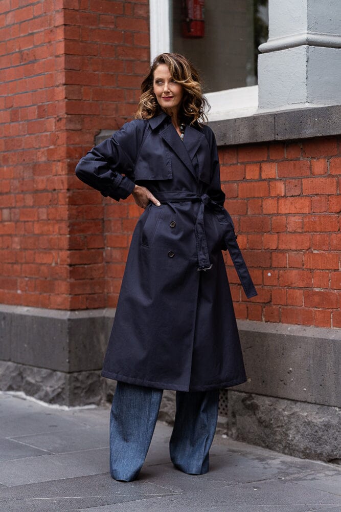 Maddie Oversized Trench Coat - Navy Cotton Gabardine