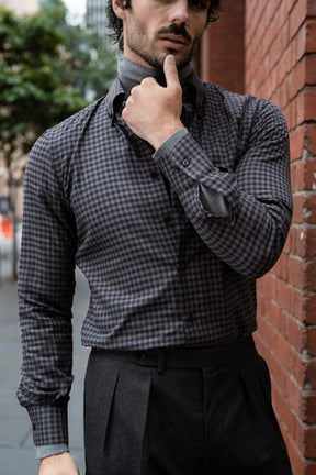Ralph Narrow Spread Button Down Shirt - Grey & Black Check