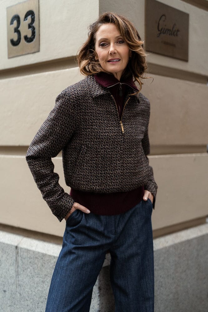 Sky Bomber Jacket - Dark Plum, Navy and Brown Wool Alpaca