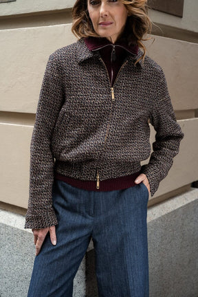 Sky Bomber Jacket - Dark Plum, Navy and Brown Wool Alpaca