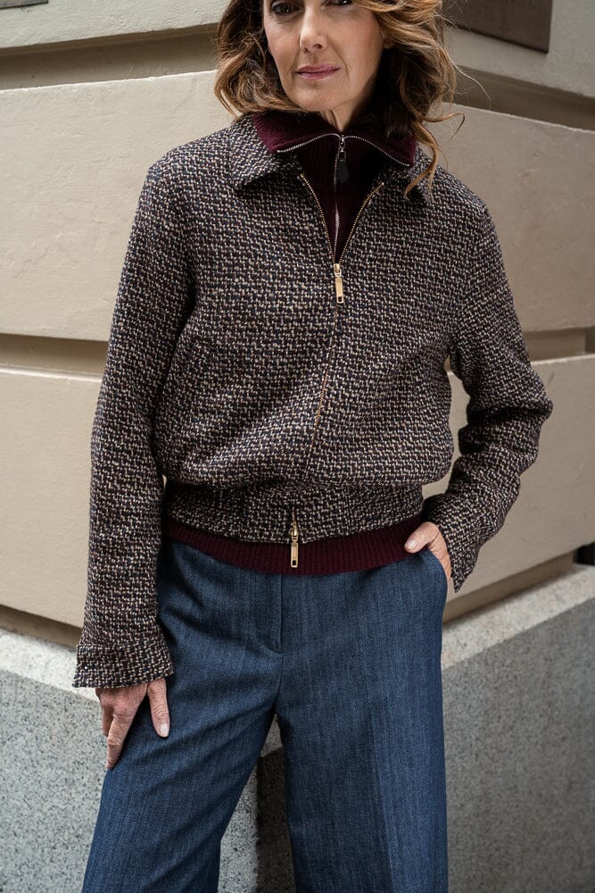 Sky Bomber Jacket - Dark Plum, Navy and Brown Wool Alpaca