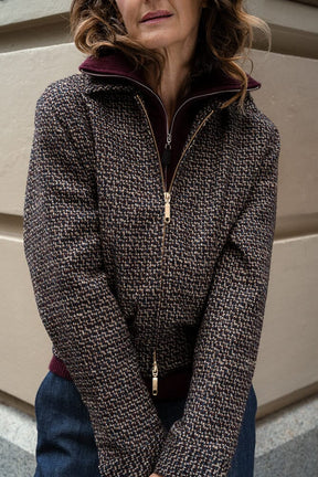 Sky Bomber Jacket - Dark Plum, Navy and Brown Wool Alpaca