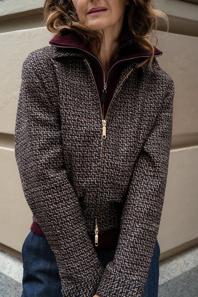Sky Bomber Jacket - Dark Plum, Navy and Brown Wool Alpaca
