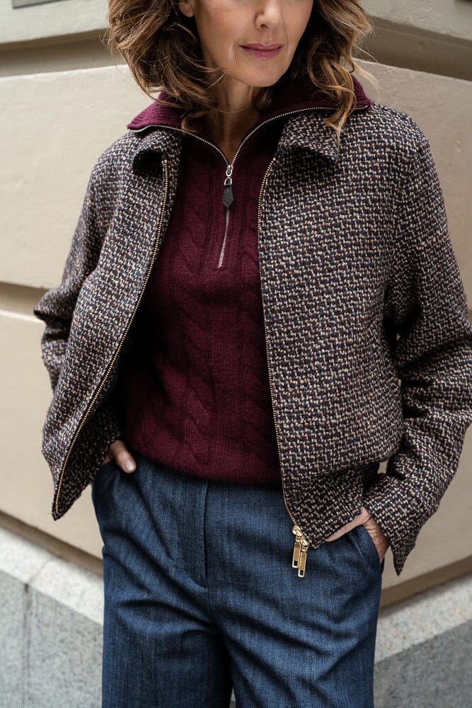 Sky Bomber Jacket - Dark Plum, Navy and Brown Wool Alpaca